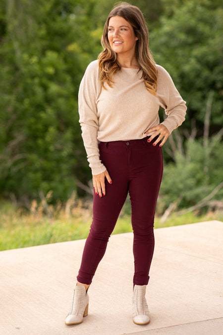 Burgundy Skinny Fit High Rise Pants - Filly Flair