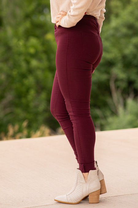 Burgundy Skinny Fit High Rise Pants - Filly Flair