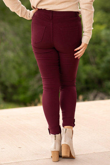 Burgundy Skinny Fit High Rise Pants - Filly Flair