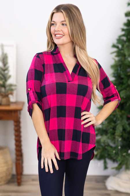 Hot Pink and Navy Plaid Notch Neck Top