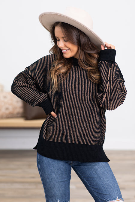 Black Ribbed Drop Shoulder Sweater