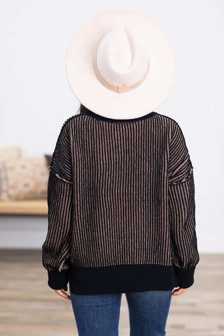 Black Ribbed Drop Shoulder Sweater