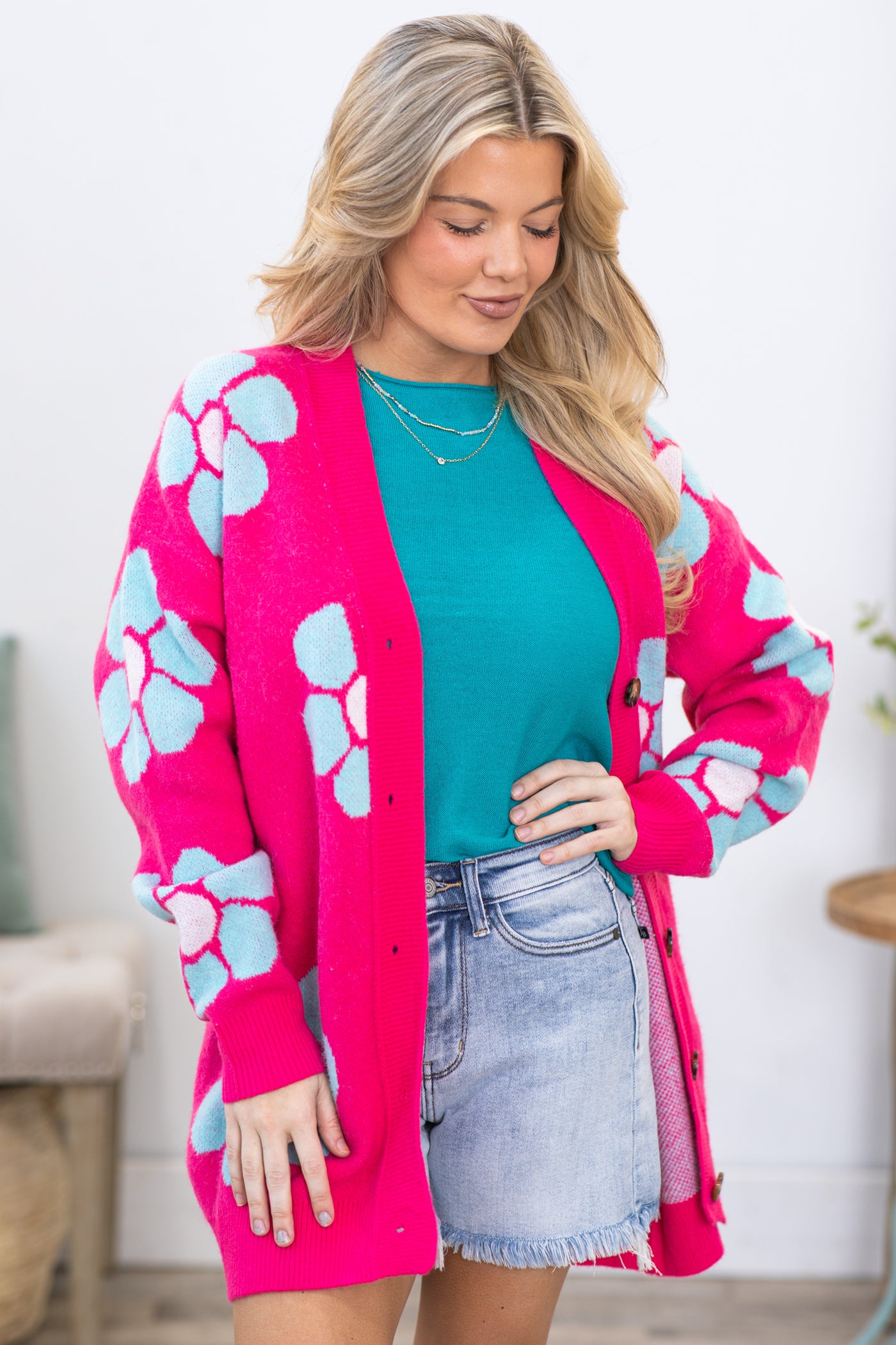 Pink Floral Print Intarsia Button Up Cardigan