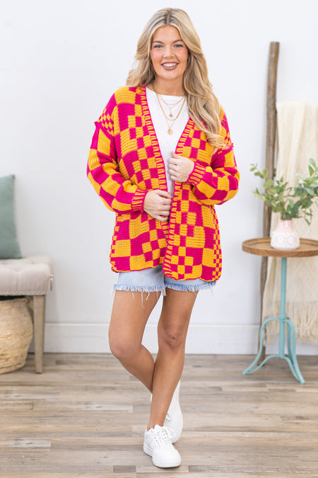 Pink and Orange Checkerboard Knitted Cardigan