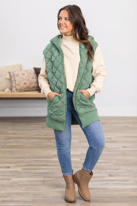 Sage Long Quilted Super Soft Vest With Hood