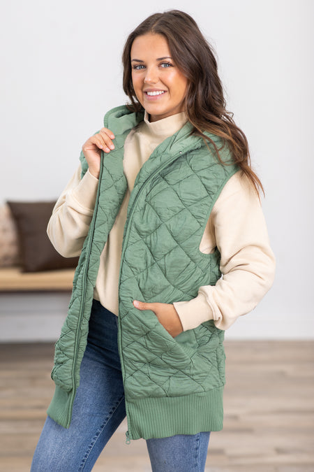 Sage Long Quilted Super Soft Vest With Hood