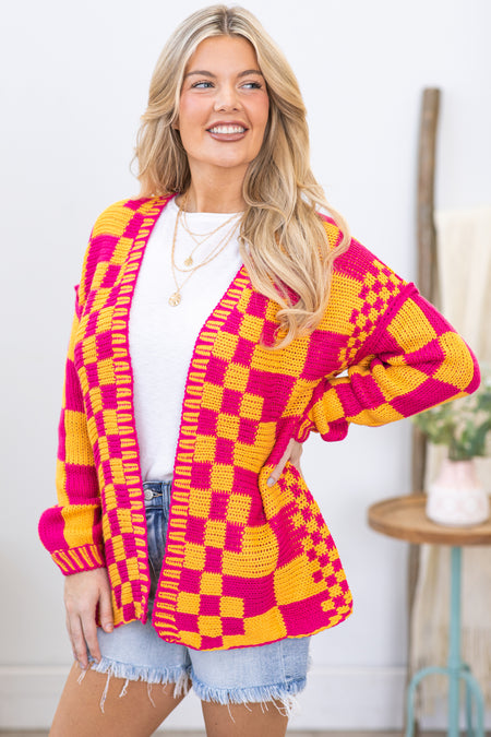 Pink and Orange Checkerboard Knitted Cardigan