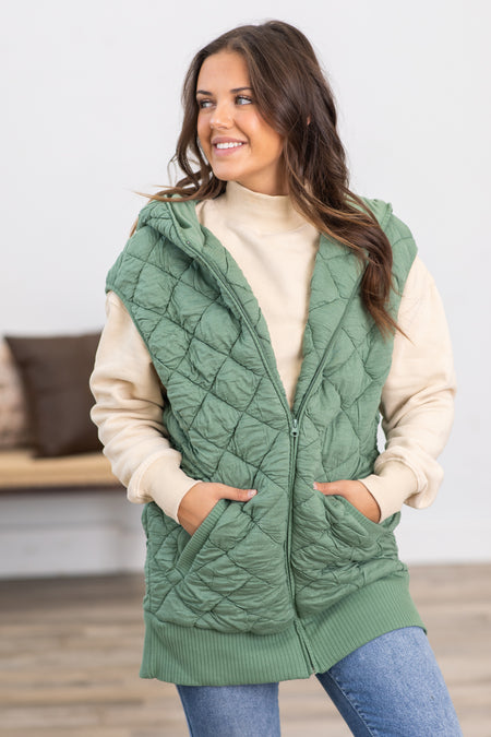 Sage Long Quilted Super Soft Vest With Hood