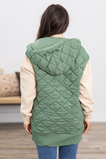 Sage Long Quilted Super Soft Vest With Hood