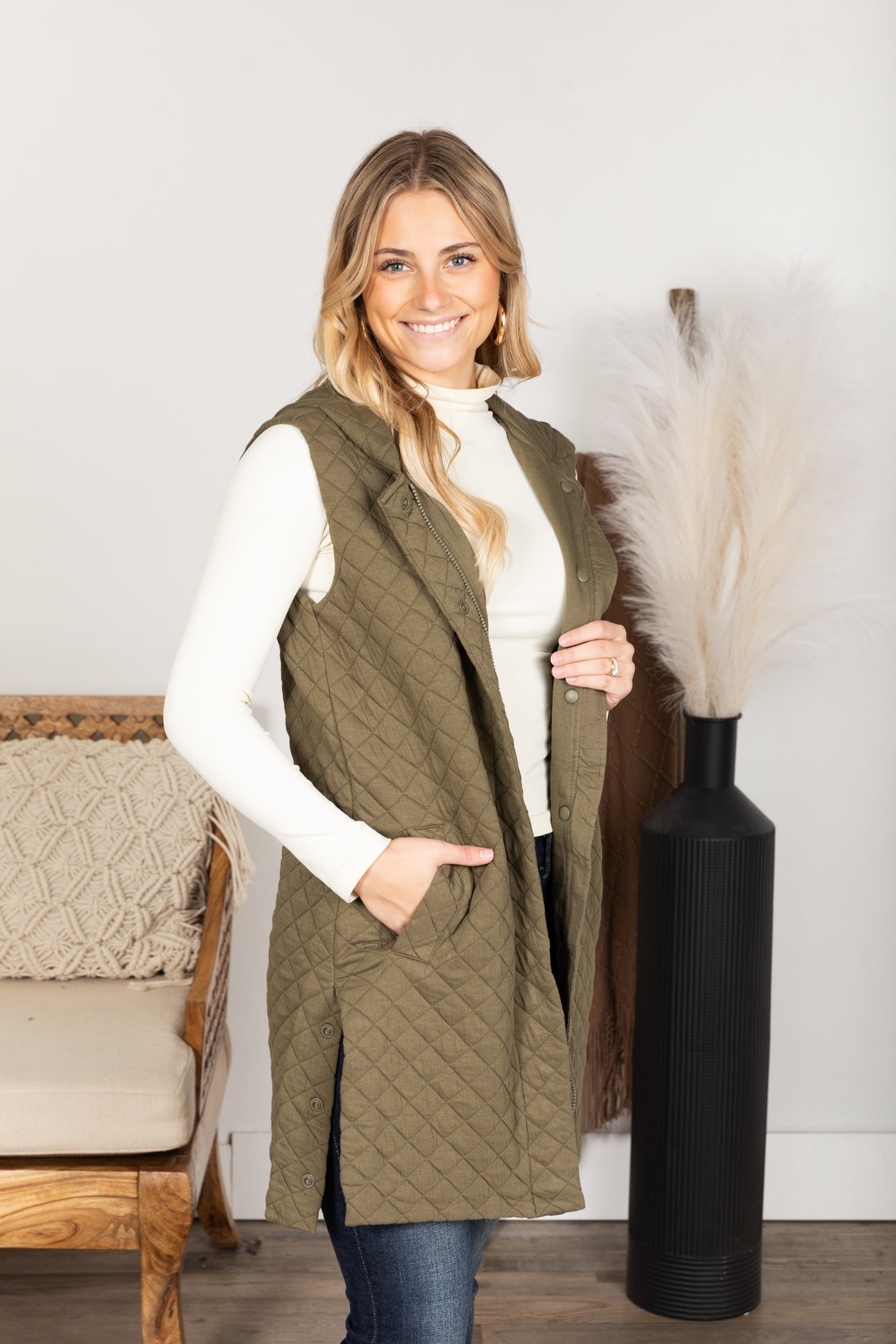 Longline Quilted Cotton Blend Vest