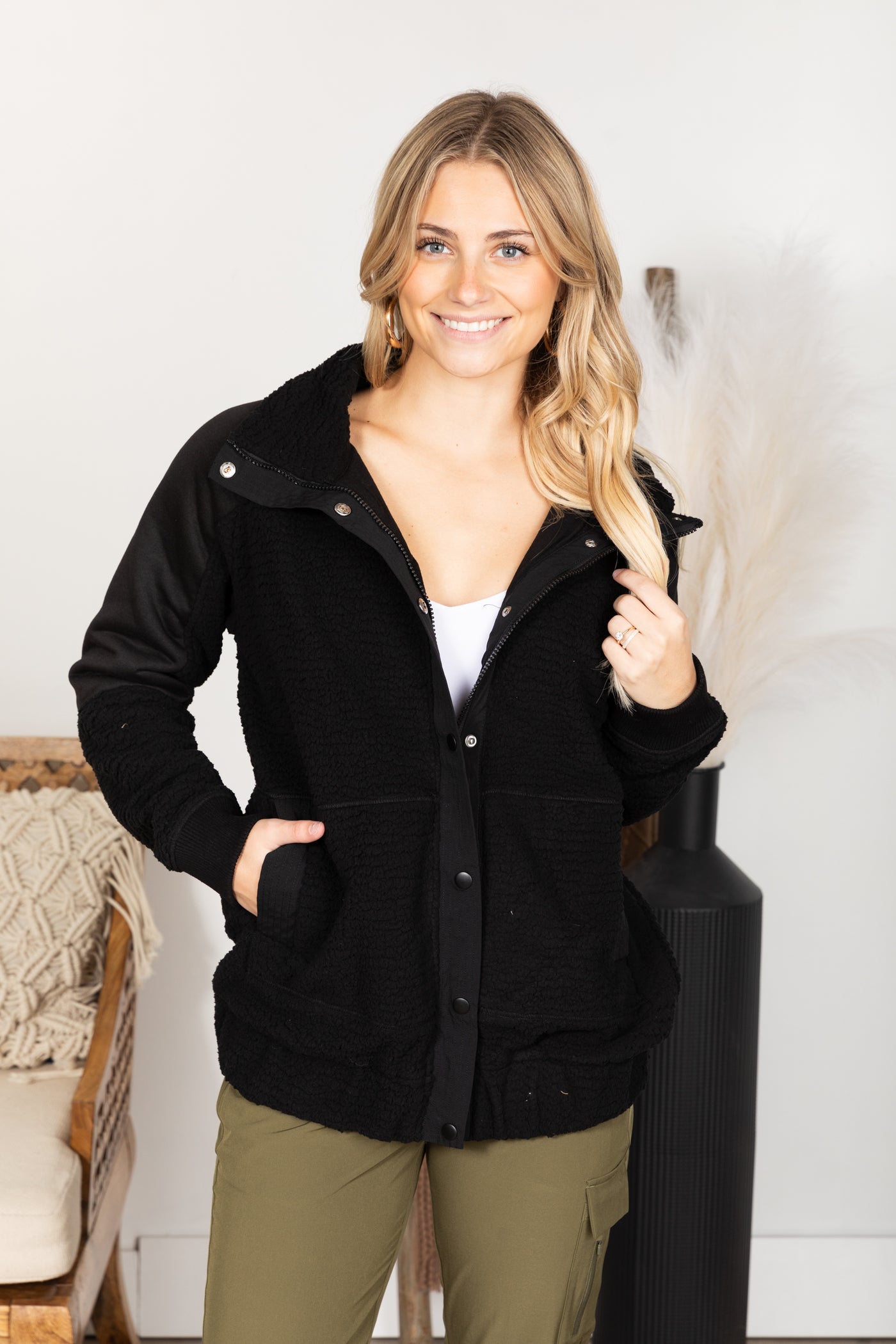 Front Snap Boyfriend Sherpa Jacket