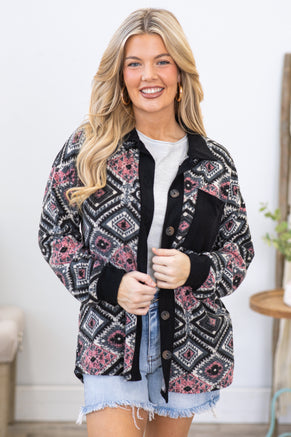 Black and Pink Aztec Print Knit Shacket