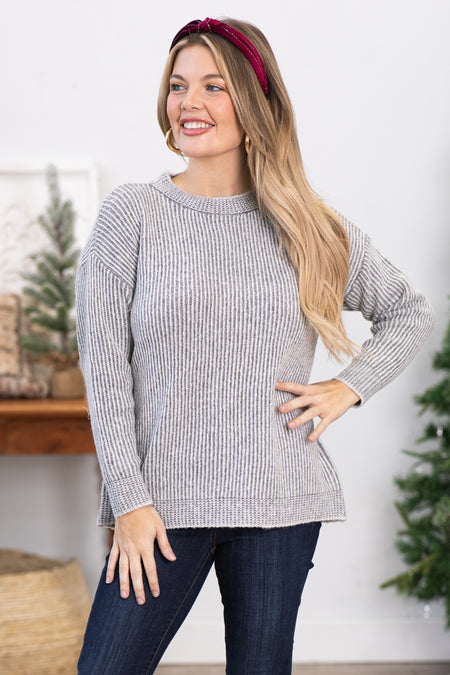 Grey Two Tone Ribbed Sweater