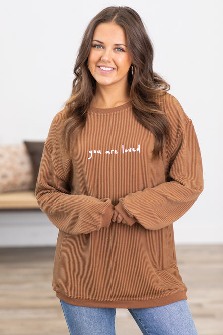 Brown Ribbed You Are Loved Graphic Sweatshirt