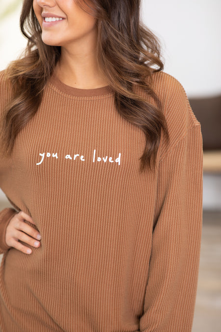 Brown Ribbed You Are Loved Graphic Sweatshirt