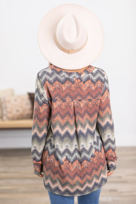 Dark Sage and Orange Multicolor Chevron Top