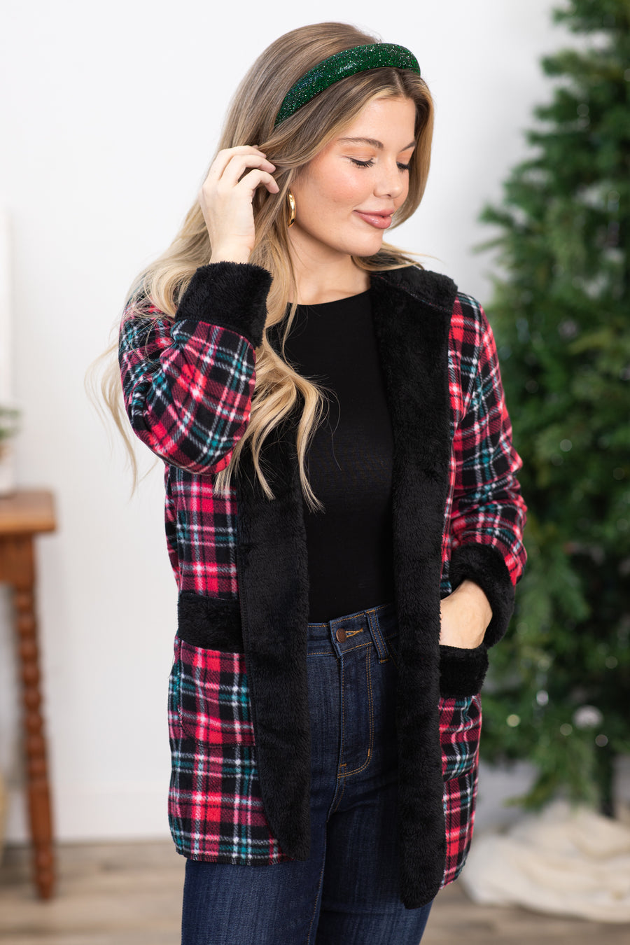 Red and Teal Plaid Faux Fur Lined Jacket