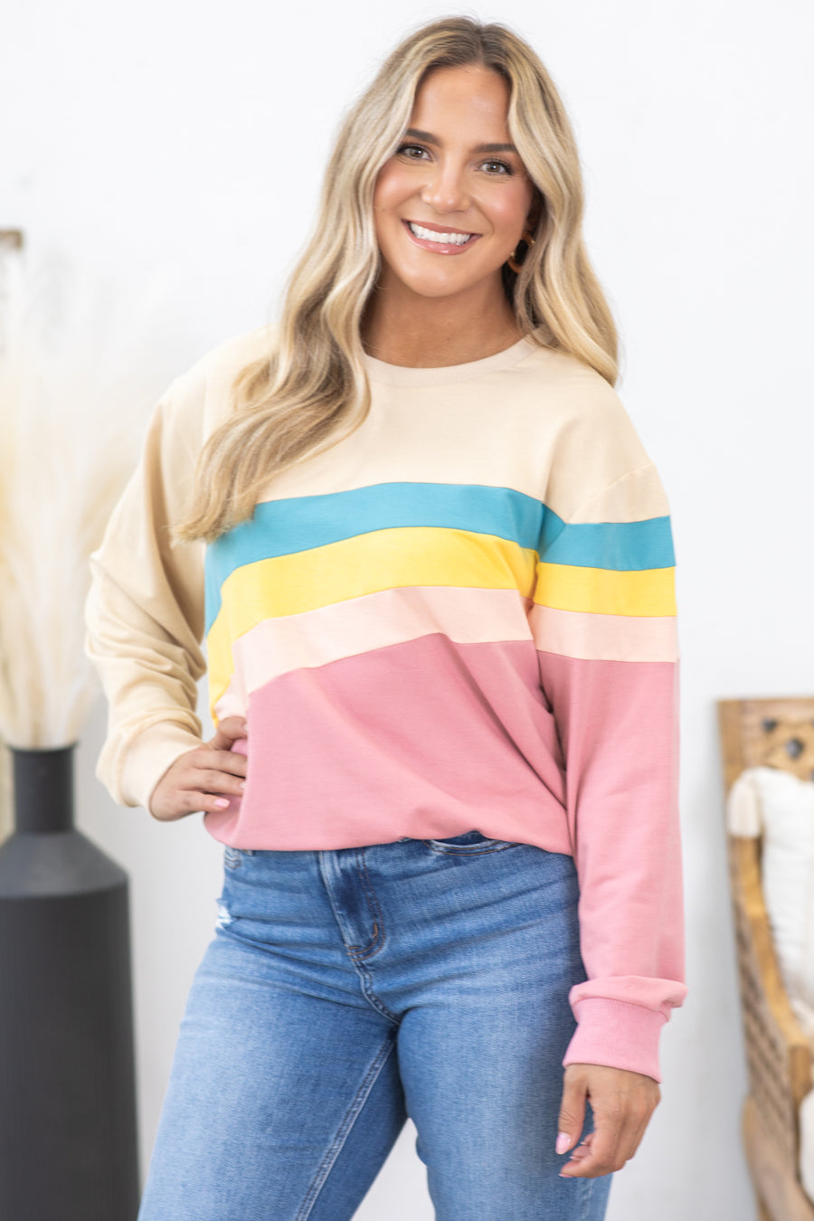 Tan And Pink Colorblock Stripe Sweatshirt