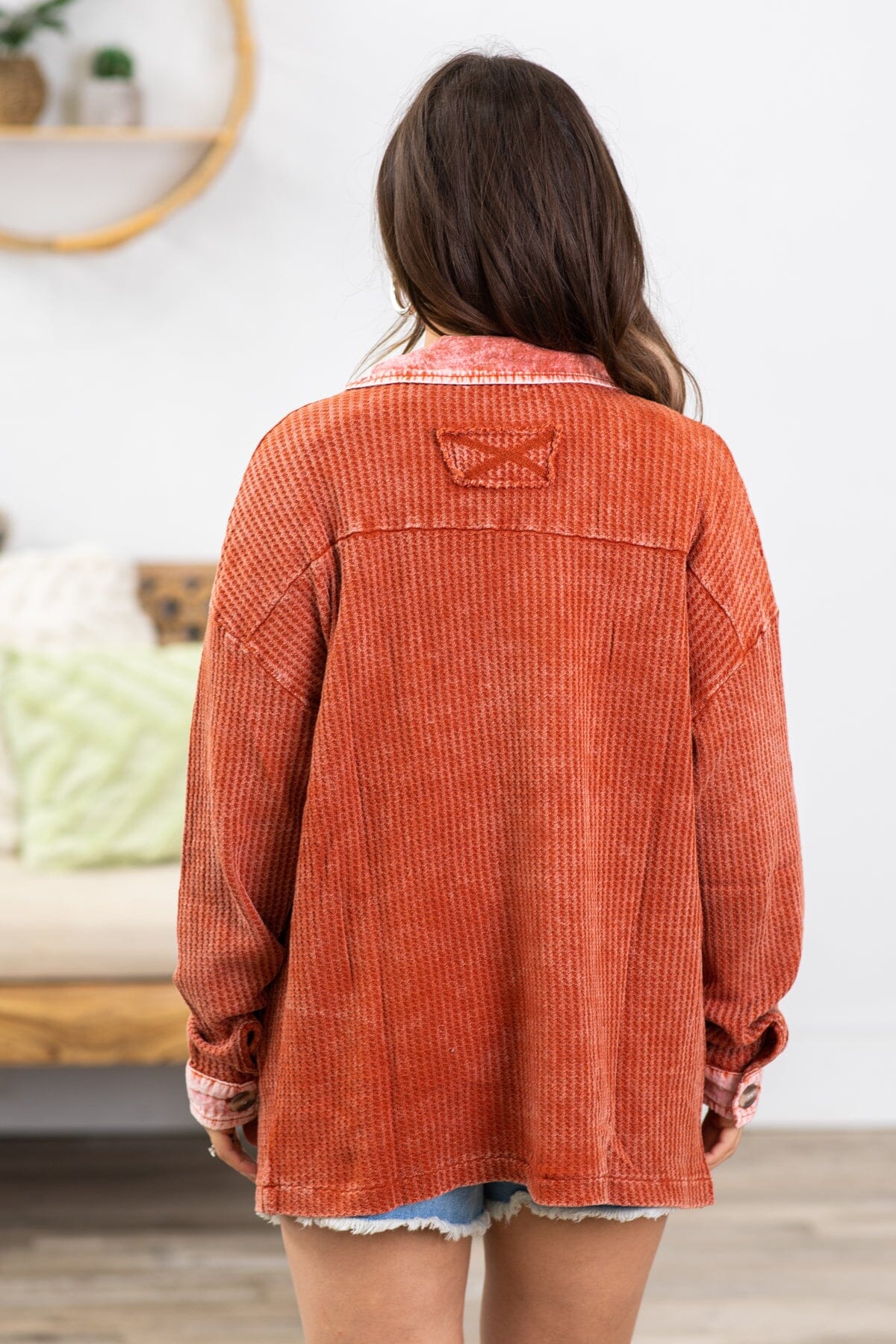 Burnt Orange Washed Ribbed Shacket - Filly Flair