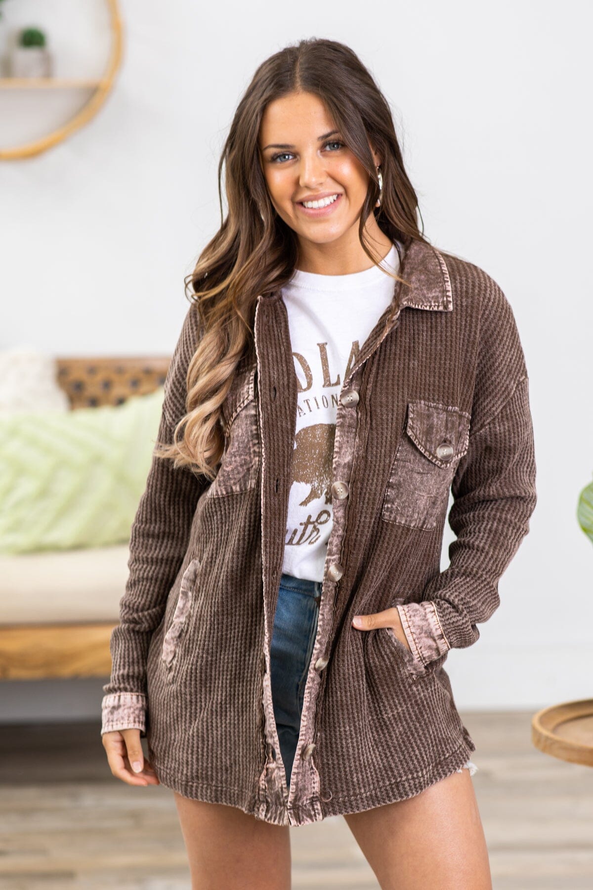 Brown Washed Ribbed Shacket - Filly Flair