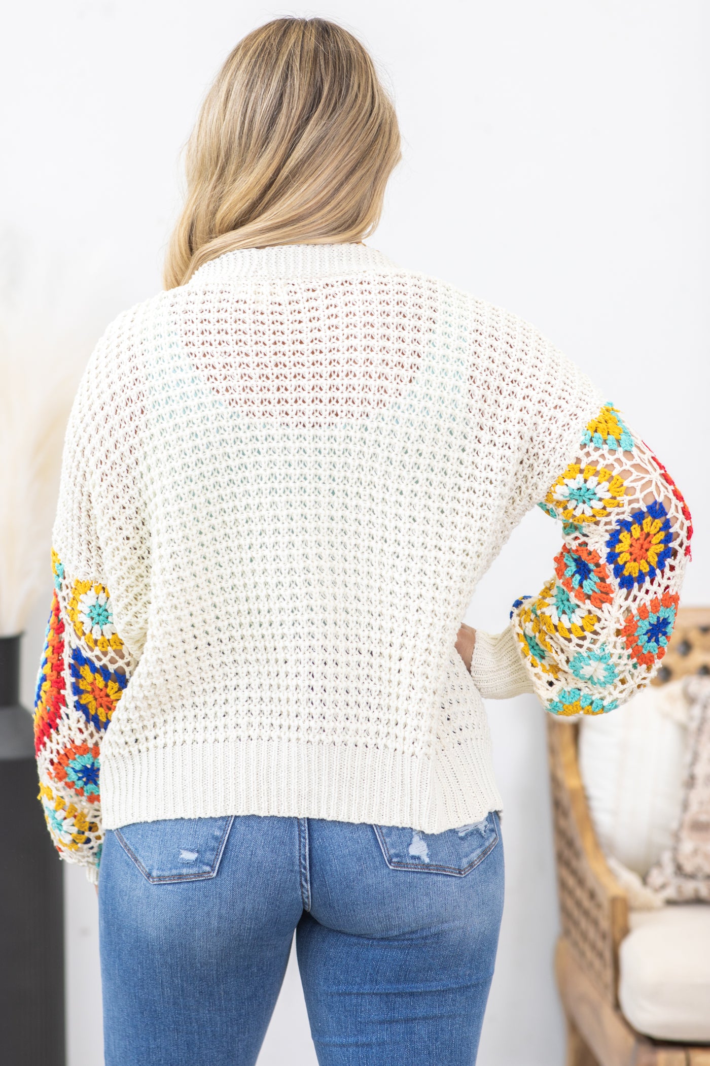 Cream Multicolor Sleeve Crochet Cardigan