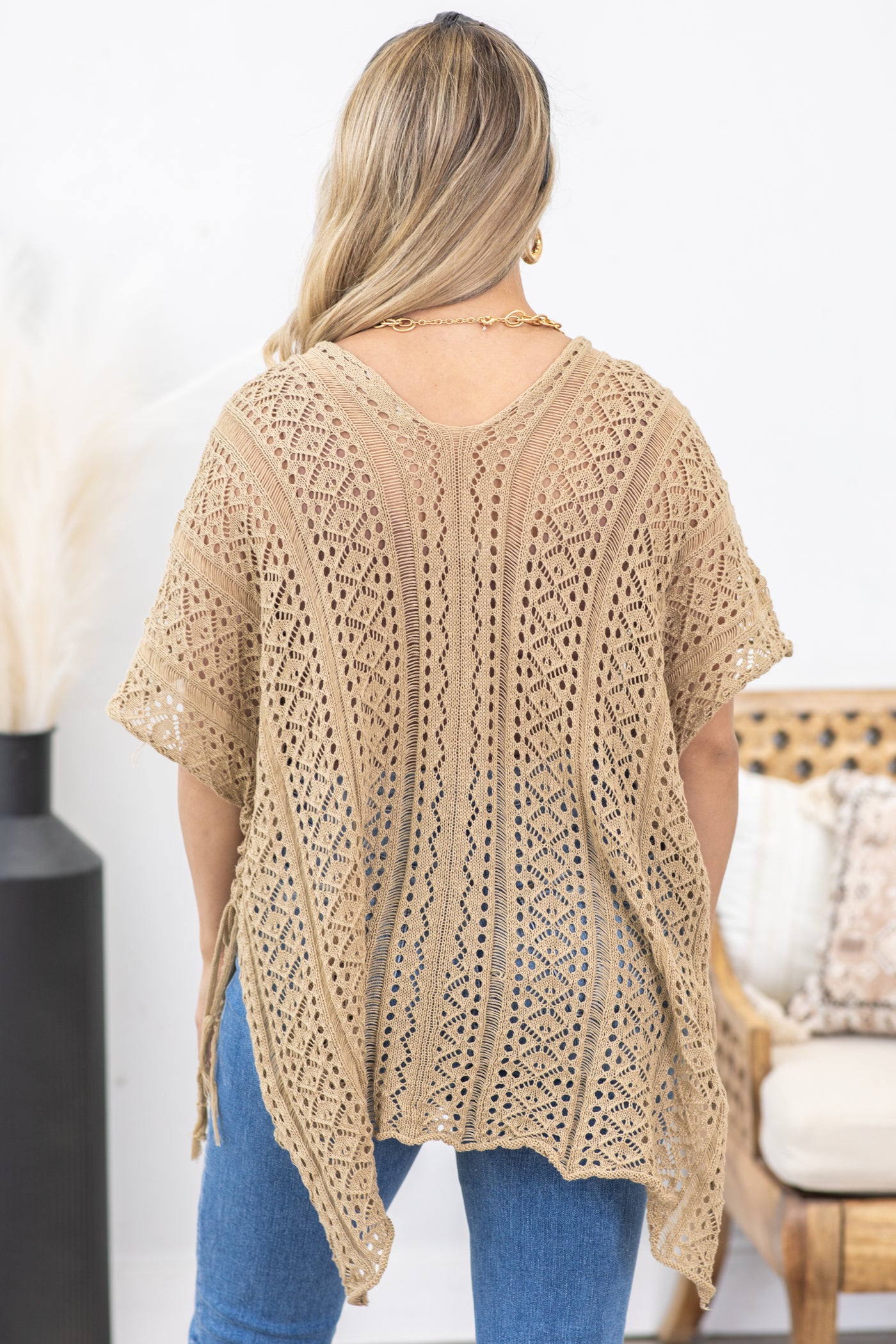 Dark Tan Drawstring Detail Crochet Pullover