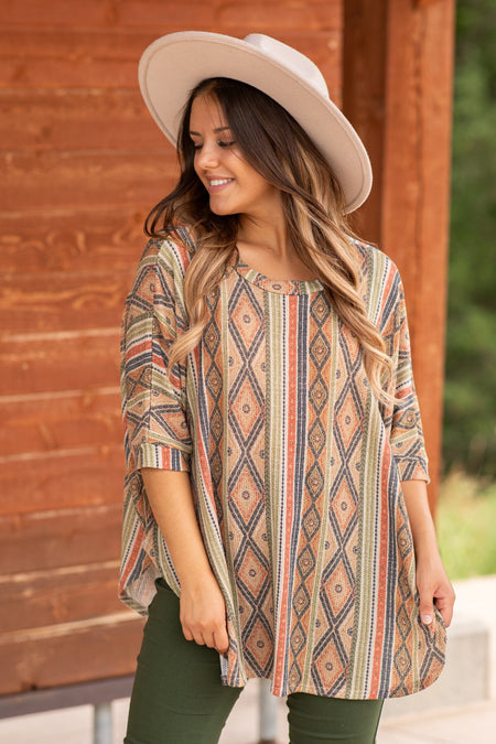 Burnt Orange Multicolor Aztec Print Top - Filly Flair