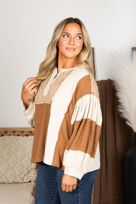 Beige And Copper Mixed Media Henley Top