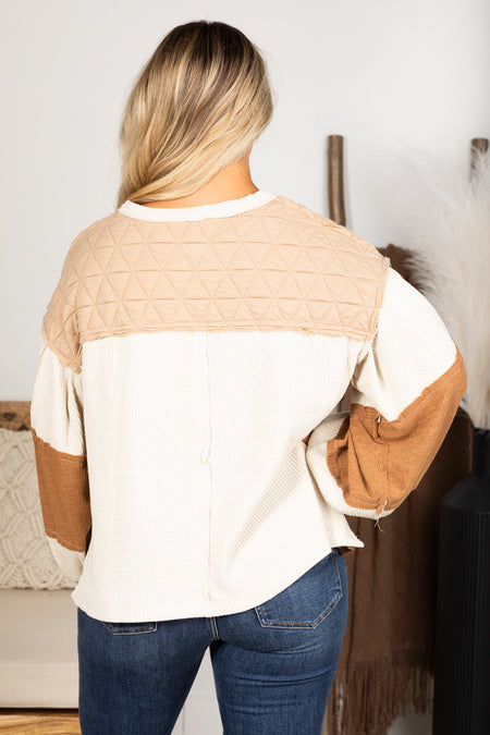 Beige And Copper Mixed Media Henley Top