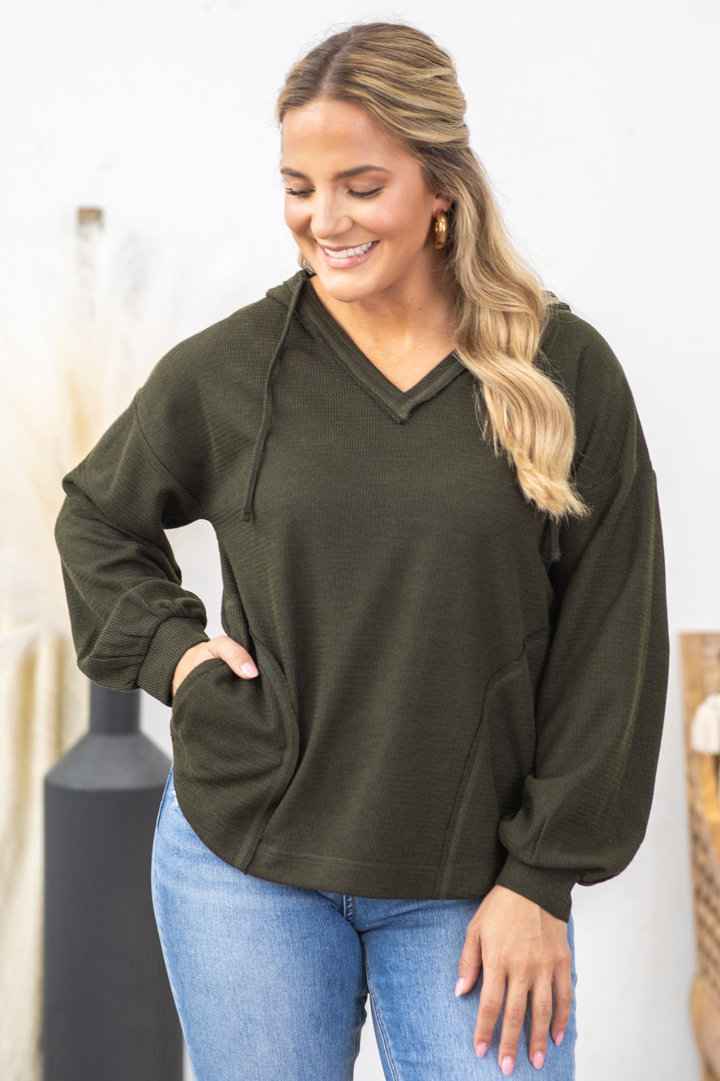 Olive Lightweight Knit Top With Hoodie