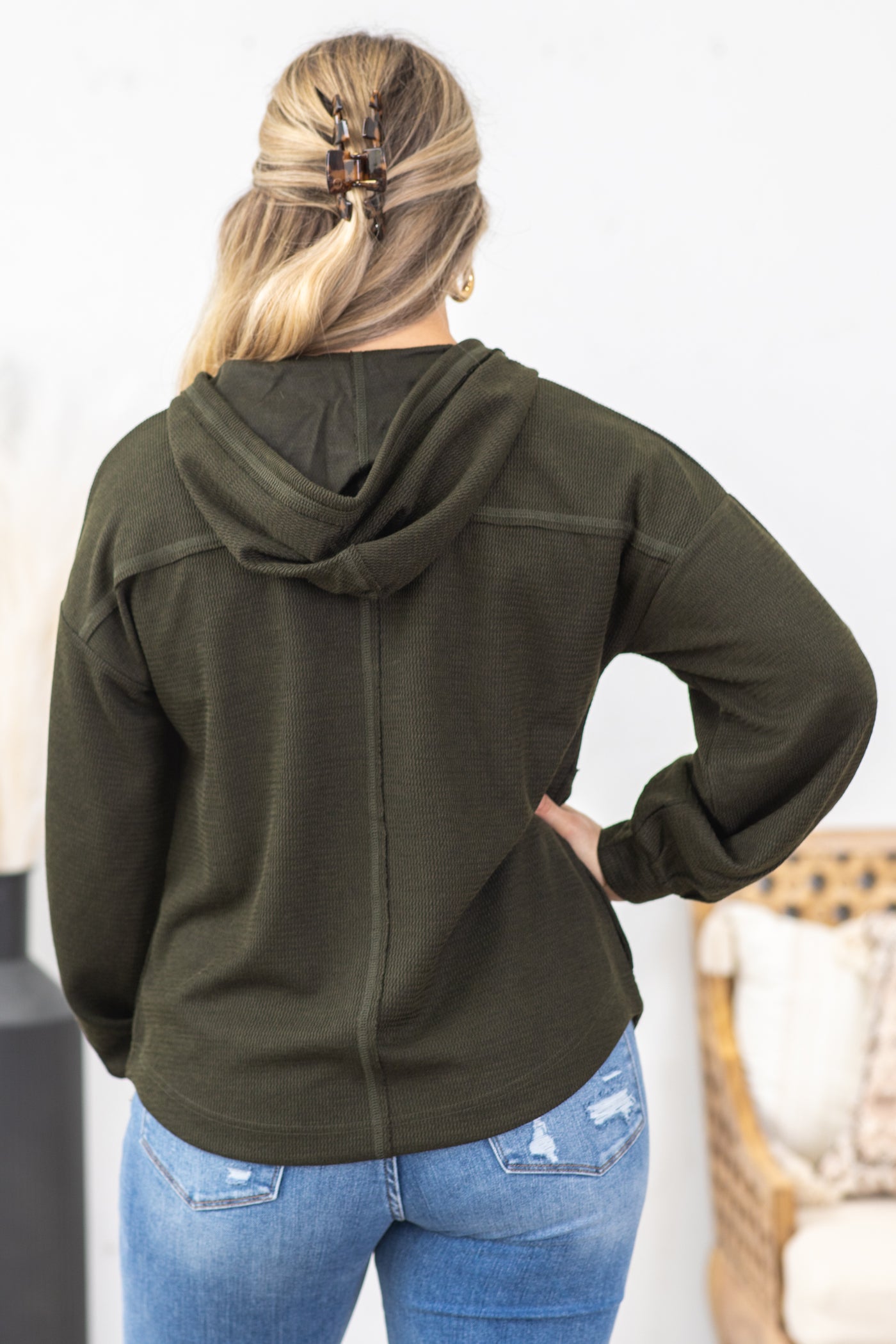 Olive Lightweight Knit Top With Hoodie