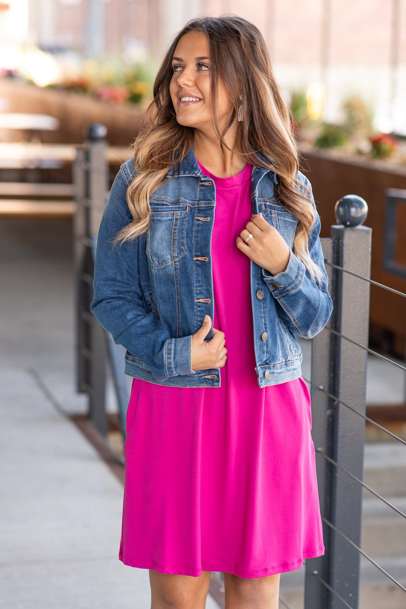 Fuchsia Knit T-Shirt Dress With Pockets - Filly Flair