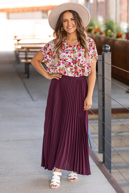 Dark Mauve Crystal Pleat Midi Skirt - Filly Flair