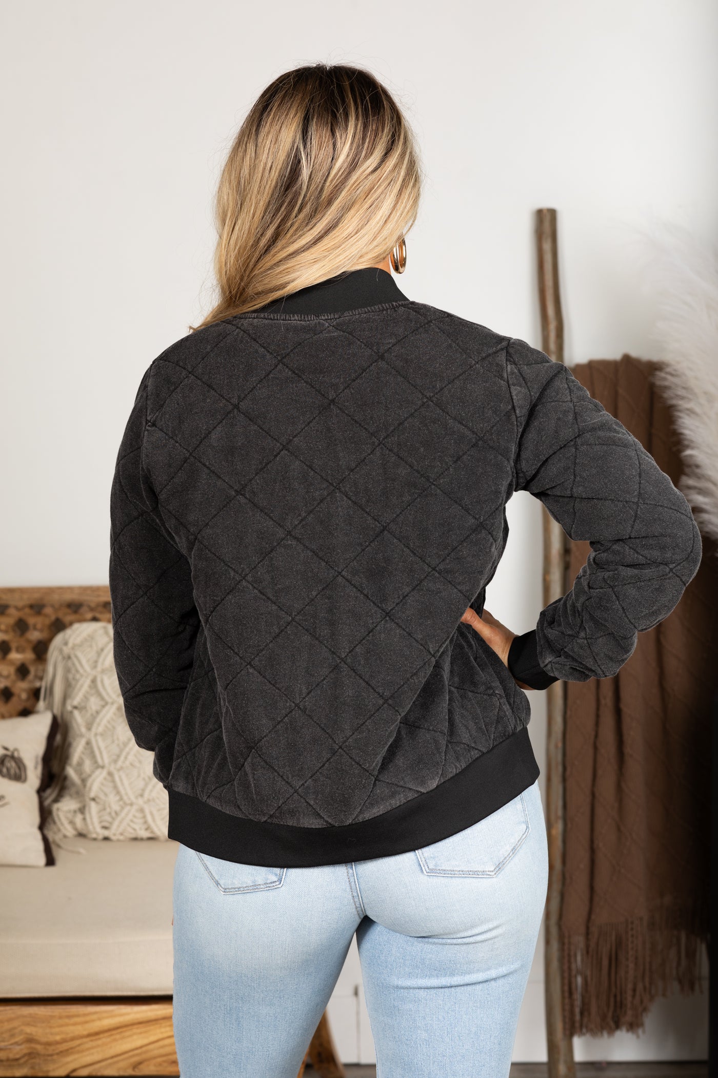 Black Quilted Mineral-Wash Bomber Jacket