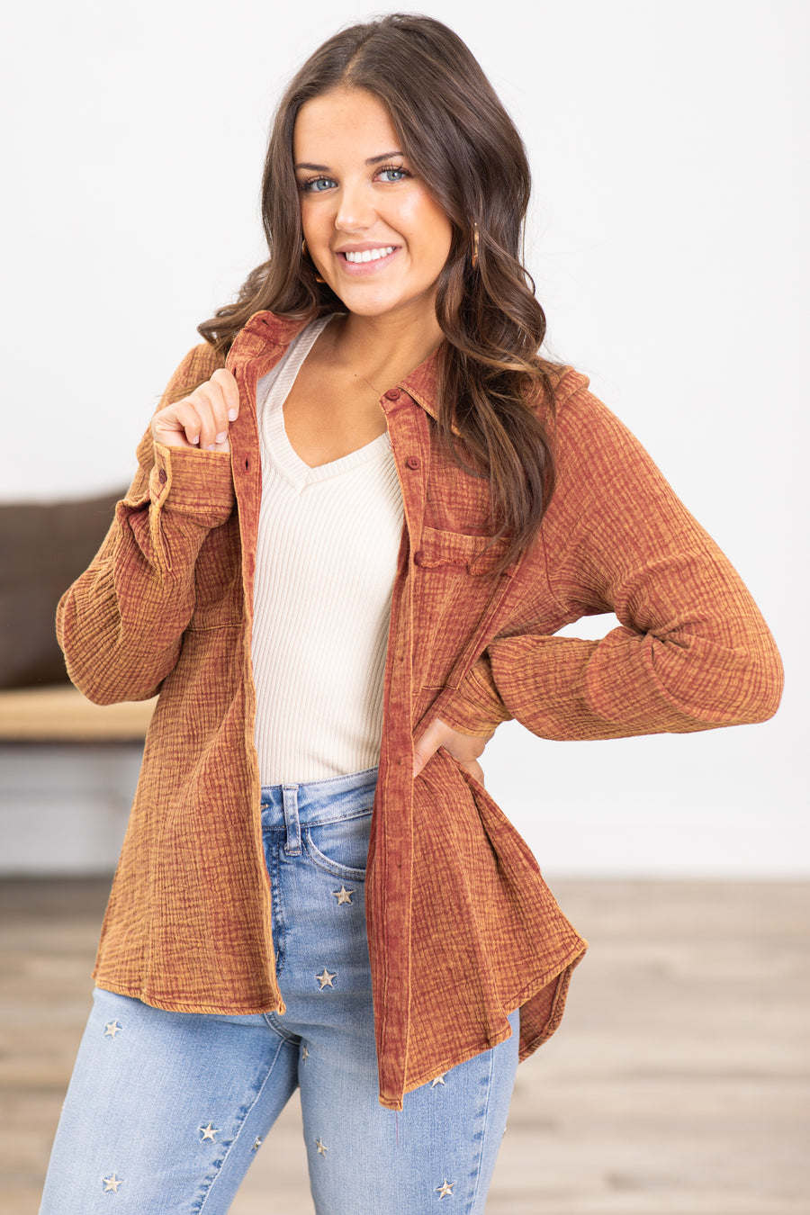 Rust Mineral Washed Button Up Top