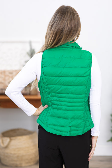 Green Puffer Vest With Pockets