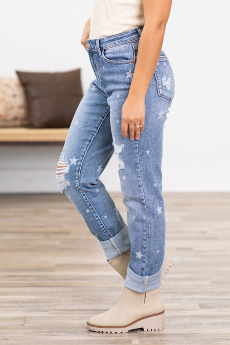 Judy Blue Star Print Distressed Jeans