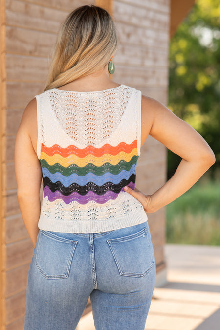 Dusty Ivory Rainbow Wave Crochet Knit Tank Top