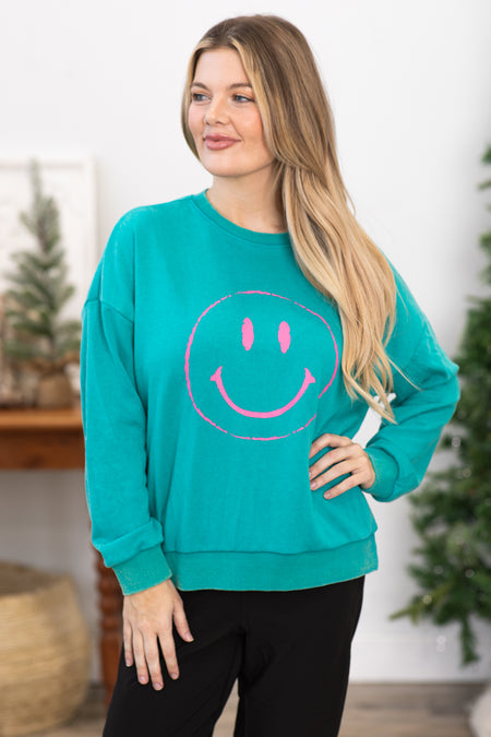 Turquoise Washed Smiley Graphic Sweatshirt