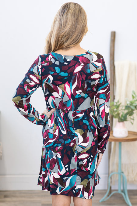 Berry and Aqua Abstract Print Dress