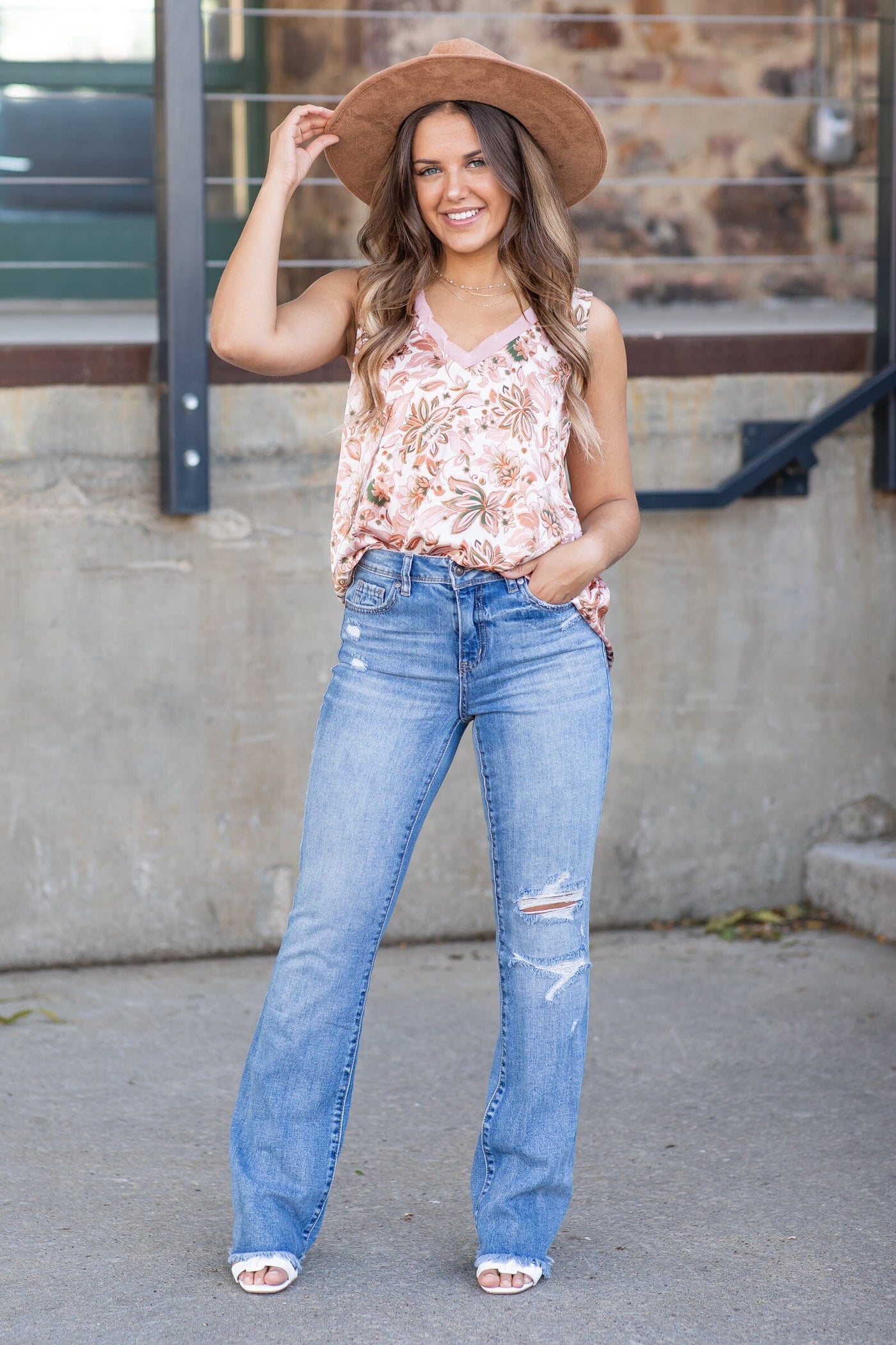 Burnt Orange and Ivory Floral V-Neck Tank - Filly Flair