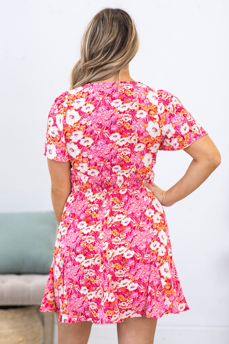 Hot Pink Multicolor Floral Self Tie Dress