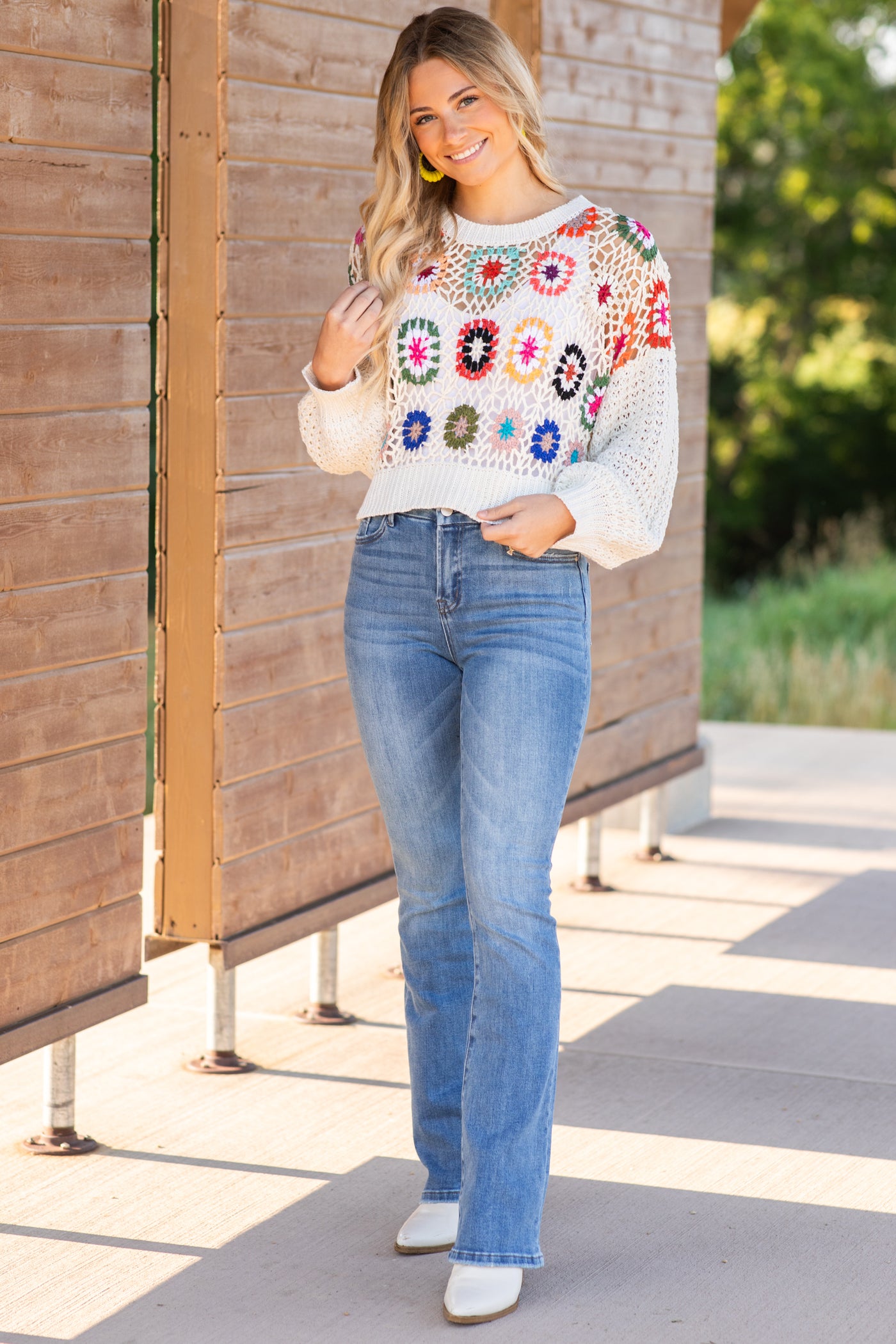 Ivory Multicolor Crochet Sweater