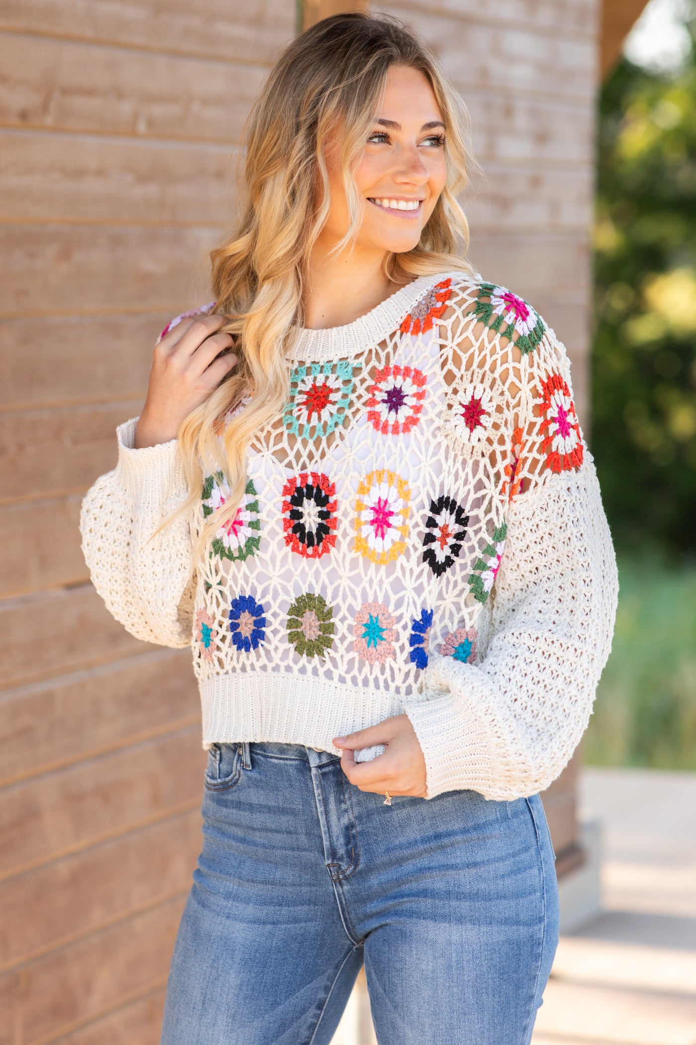 Ivory Multicolor Crochet Sweater