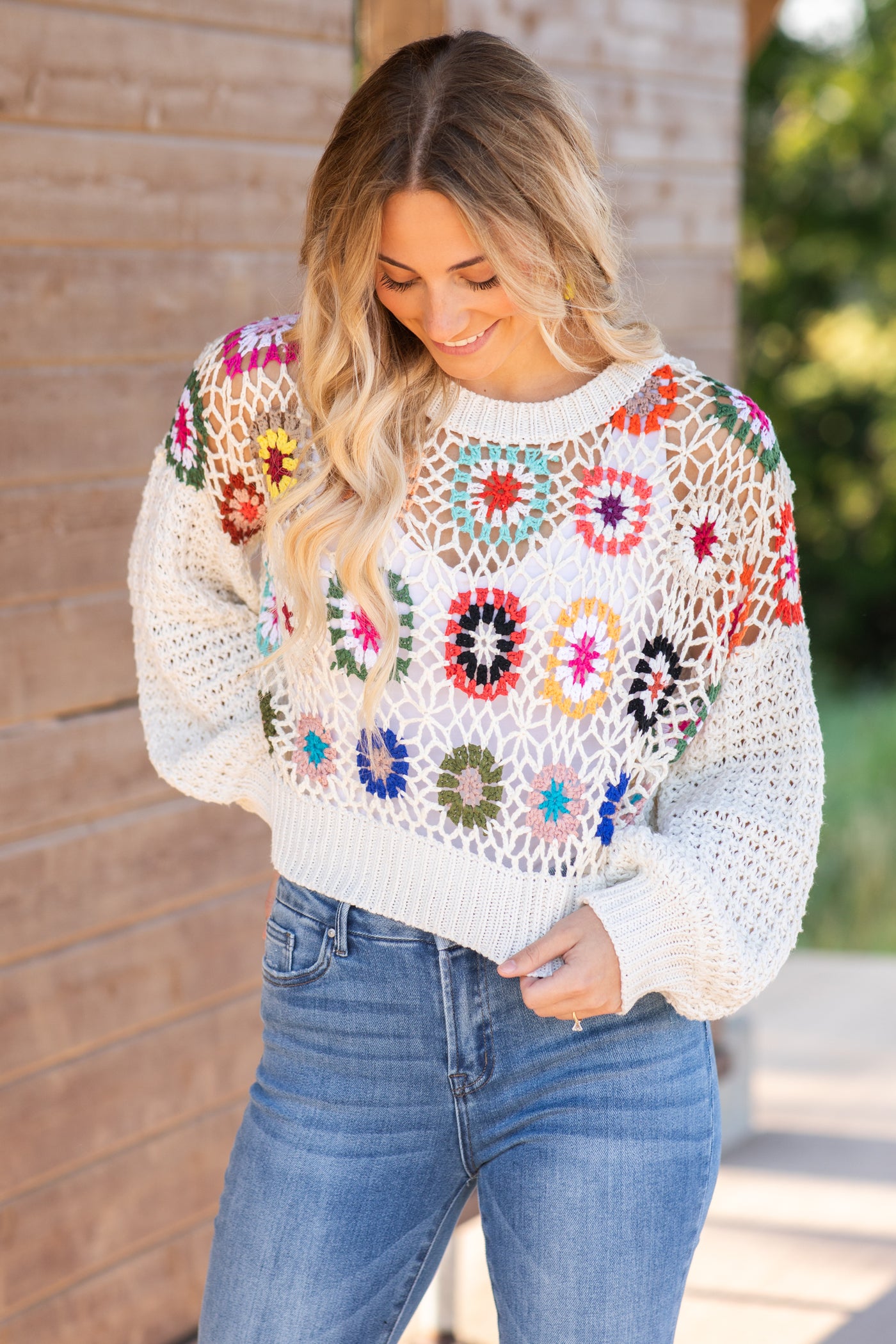 Ivory Multicolor Crochet Sweater