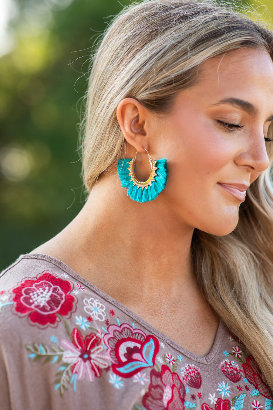 Teal and Gold Round Fan Tassel Earrings