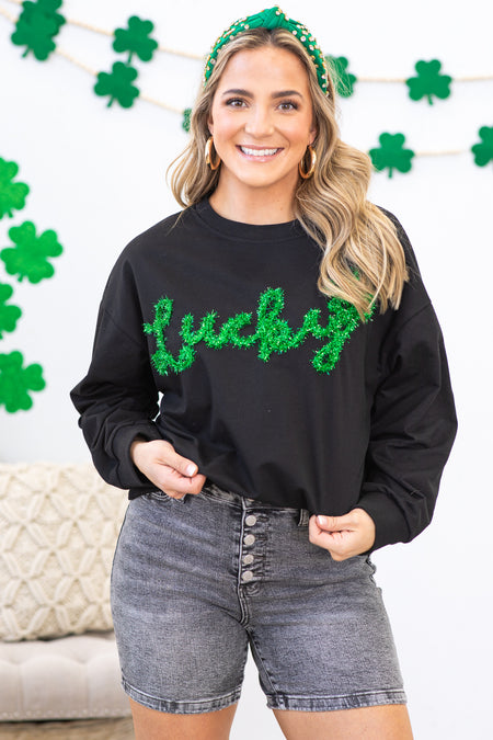 Black Lucky Graphic French Terry Sweatshirt