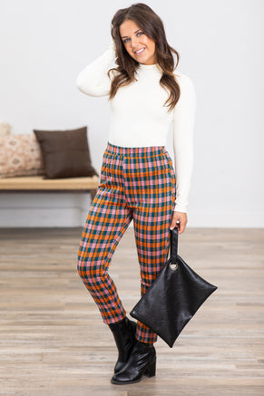 Orange Plaid Pull On Pants