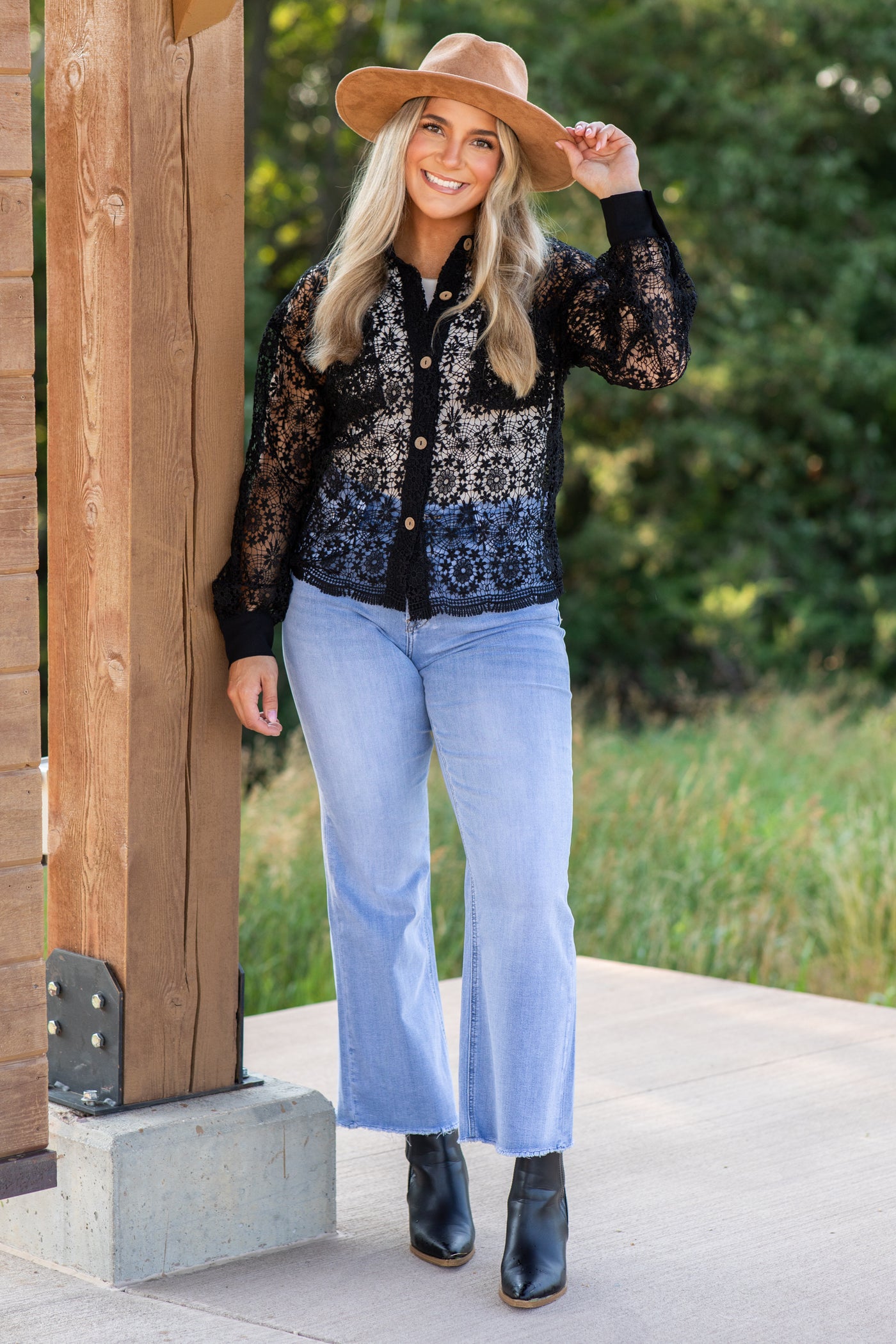 Black Floral Crochet Top With Button Detail