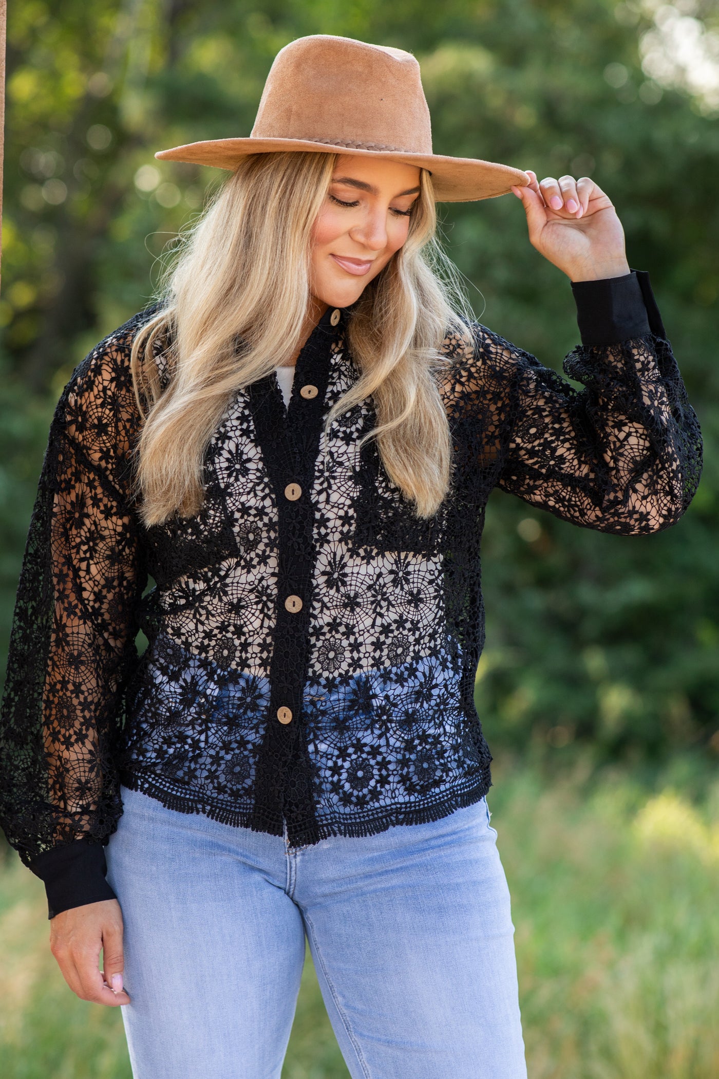 Black Floral Crochet Top With Button Detail